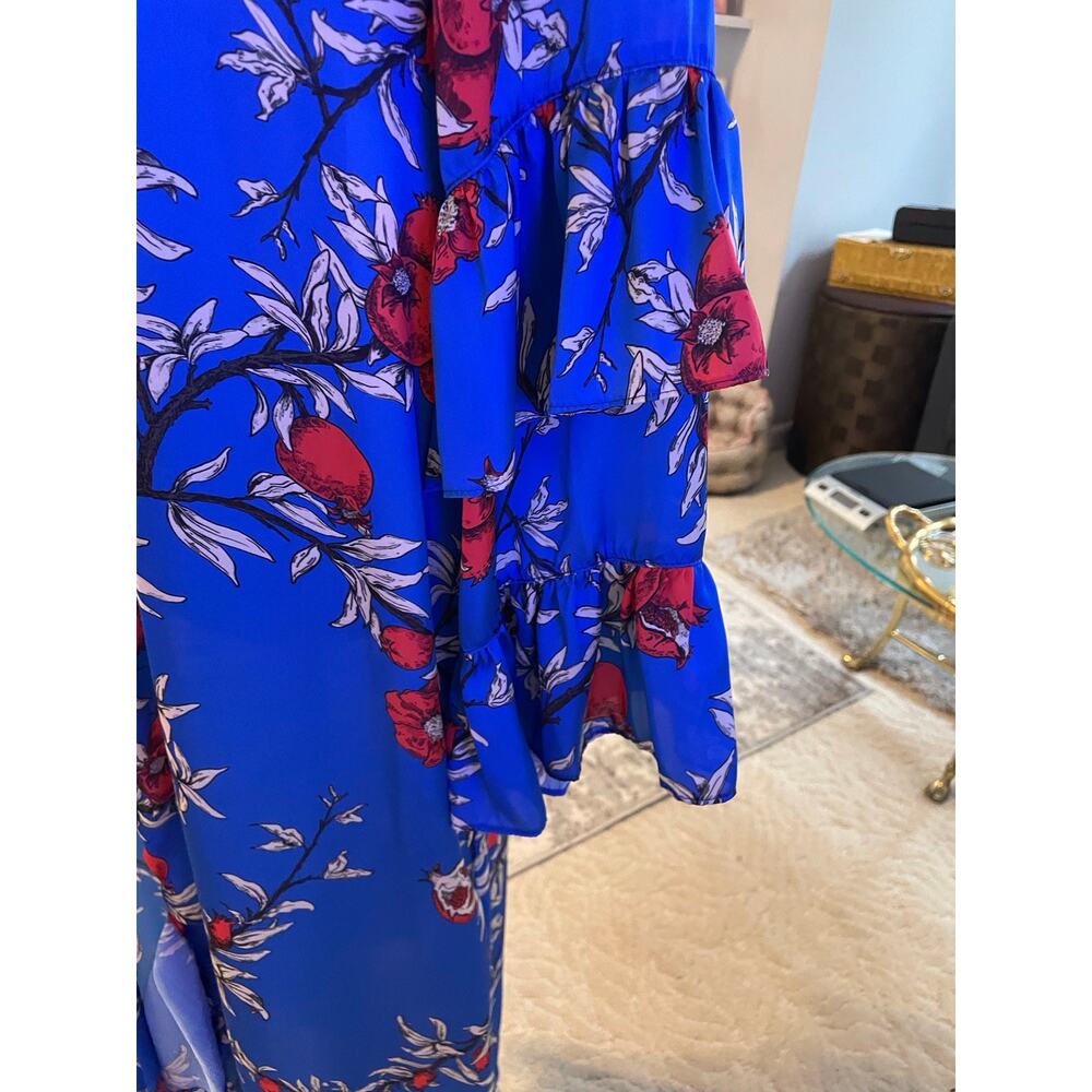 Lobo Rosa Blue Floral Maxi Kimono Duster M Double Flutter Sleeve Ruffle Hem Boho - Picture 3 of 7
